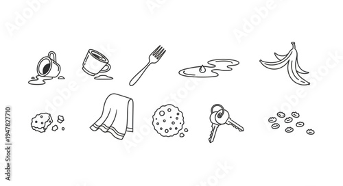 Collection of Spilled and Scattered Items in Line Art Style.