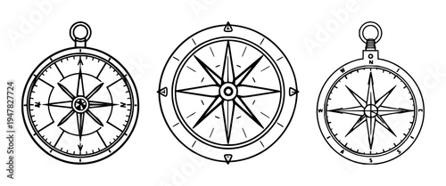 Surveyor's compass set with minimalist line art design featuring cartography, navigation, exploration with bold borders and elegant simplicity