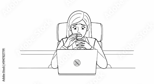 Stressed woman bites nails at desk in front of laptop