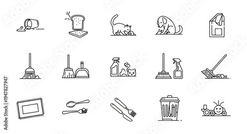 Collection of Cleaning and Household Items in Sketch Style.