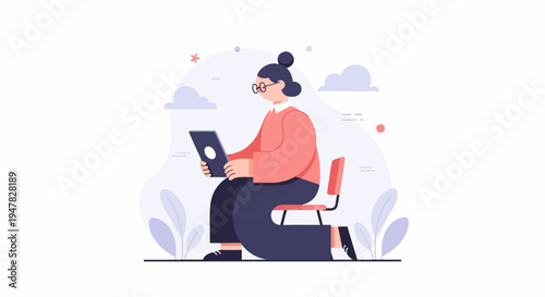 Person sitting on chair using a tablet with abstract shapes and clouds in background