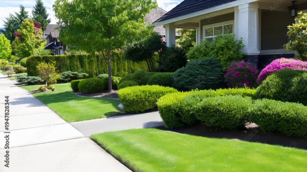 Obraz premium Beautifully Manicured Lawn With Decorative Shrubs and Colorful Plants