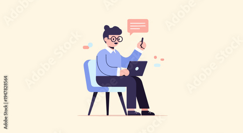 Person sitting on chair with laptop, holding pen, speech bubble