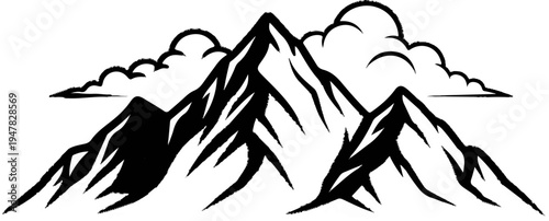 Stylized black ink illustration of jagged mountain peaks piercing through fluffy clouds