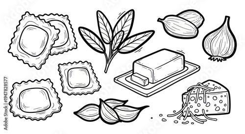 Hand-drawn Ravioli Ingredients: Pasta, Sage, Butter, Garlic, Onion, Cheese