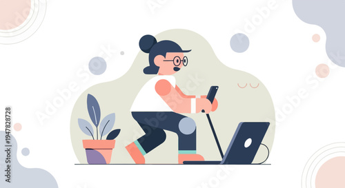 Person with glasses uses a laptop and phone while exercising indoors