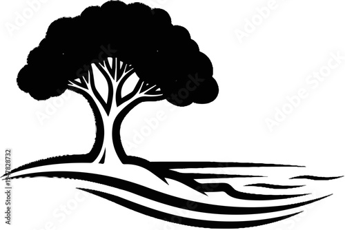 Silhouette of a stylized tree with spreading branches and roots