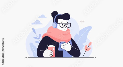 Person with headphones, glasses, scarf, holding a phone and drink