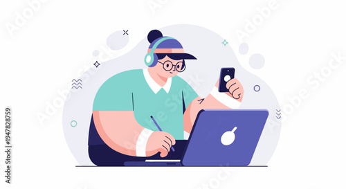 Person with headphones, glasses, phone, laptop, and stylus