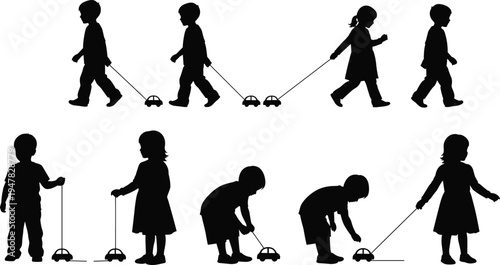 kids, children, silhouettes, playing, toy, car, childhood, fun, activity, playtime, boys, girls, leisure, toys, motion, isolated, black, collection, people, game