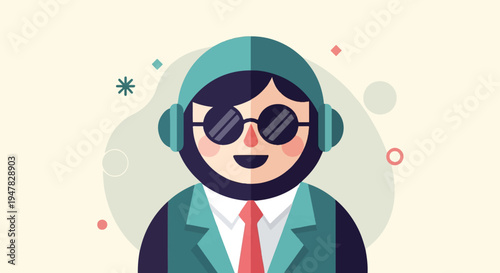 Stylish character with sunglasses and headphones, wearing a suit and tie