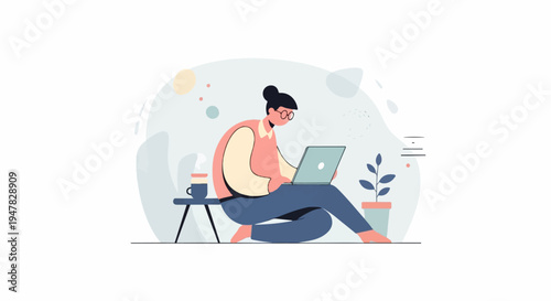 Person sitting on floor with laptop, coffee, and plant