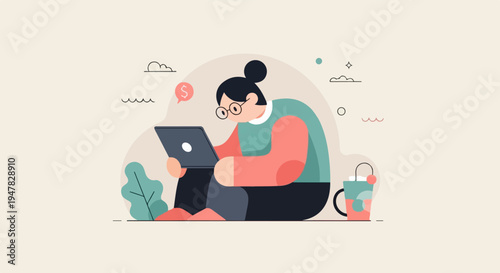 Person with glasses using a laptop, surrounded by abstract shapes and a drink