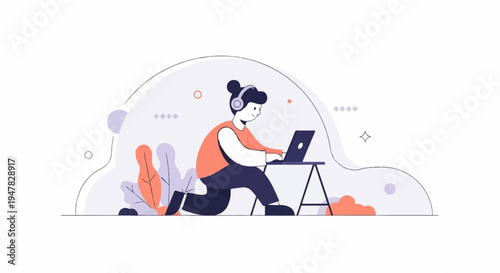 Person with headphones kneeling and using a laptop next to plants