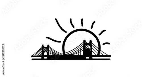 Silhouette of a suspension bridge with a stylized sun behind it