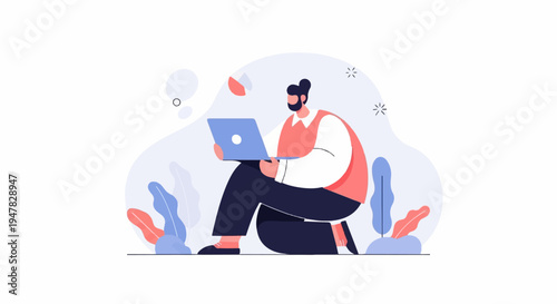 Person with beard sitting, holding laptop, surrounded by abstract shapes and plants