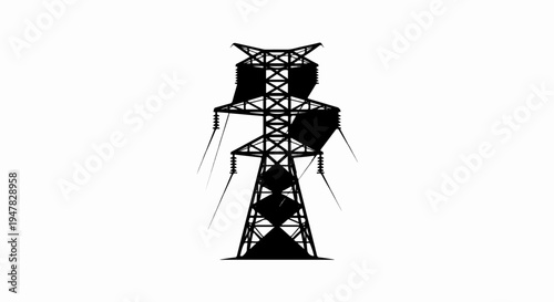 Silhouette of a tall, lattice-style electrical transmission tower with wires