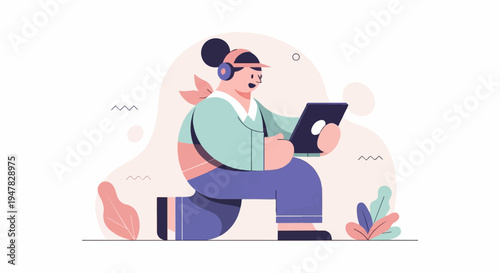 Person with headphones kneels using a tablet, surrounded by abstract shapes and leaves