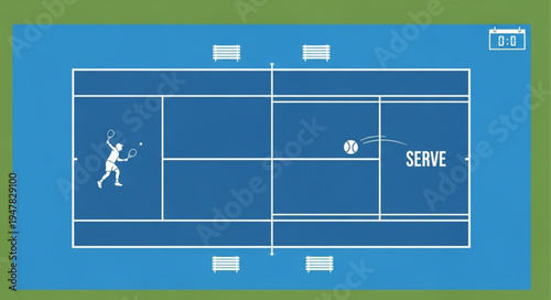 Tennis Serve Illustration on Blue Court with Player Silhouette.