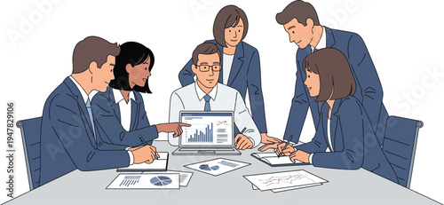 Collaborative Data Analysis: A team of business professionals gathers around a laptop, analyzing data to make important decisions. They illustrate focus and collaboration.