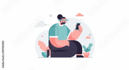 Person sitting with a phone and plants, abstract background