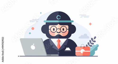 Professional cartoon man in suit working on laptop with briefcase