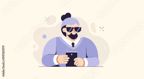 Stylish character in sunglasses holding phone, simple background art