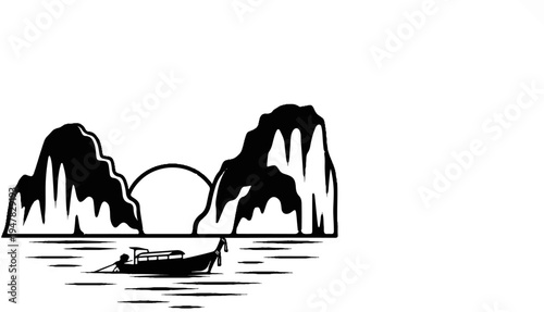 Silhouette of karst islands and a moored boat on calm water at dusk