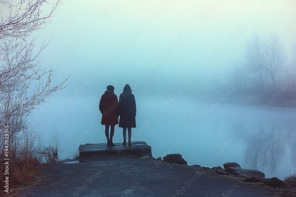 Naklejka premium two people in coats standing on a stone jetty by a foggy lake at dawn, contemplative and melancholic