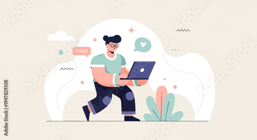 Person with laptop, chat bubbles, heart icon, and abstract shapes