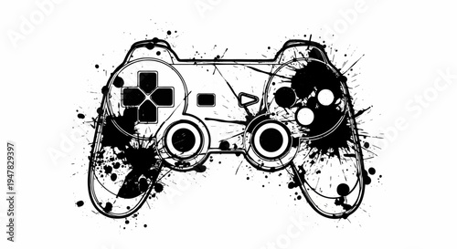 Stylized black ink splatter design of a game controller on a white background