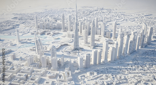 White 3d model of dubai city skyline with burj khalifa and modern skyscrapers on gray background