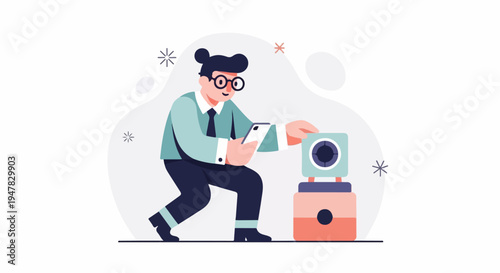 Person with glasses using phone next to a camera setup