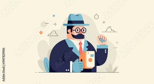 Stylish man in hat and suit holding a smart device with abstract shapes