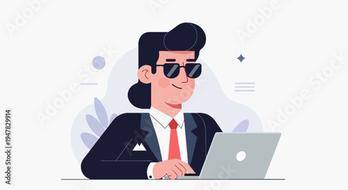 Stylish individual in suit and sunglasses working on a laptop