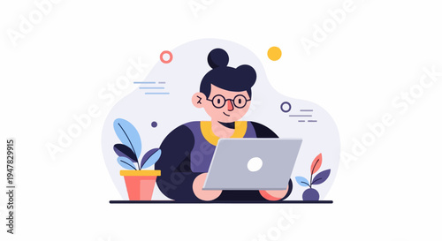 Person with glasses using laptop, surrounded by plants and abstract shapes