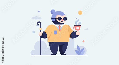 Person with cane, sunglasses, holding a steaming cup of coffee