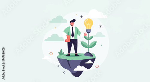 Person standing on floating island with growing lightbulb plant, symbolizing innovation