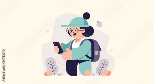 Person with cap and glasses holding phone with backpack