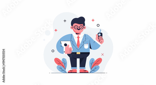 Stylized businessman in suit, holding tablet and e-cigarette