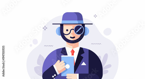 Stylish man in suit and hat with monocle, holding a tablet device