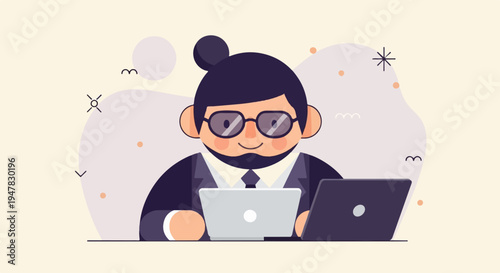 Stylized businessman with a topknot, glasses, and beard working at two laptops