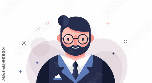 Professional gentleman with a beard, glasses, and suit, against abstract background