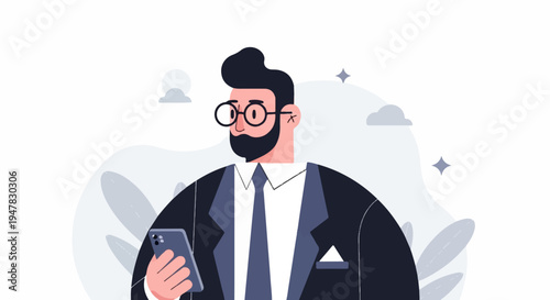 Stylish man in suit holding phone, looking away, with abstract shapes