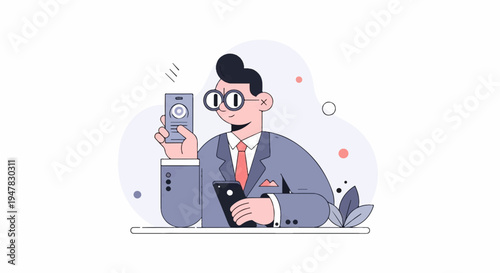 Stylized businessman with glasses and tie using two mobile devices