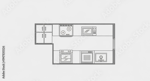 Overhead view of a kitchen layout with appliances and cabinets.