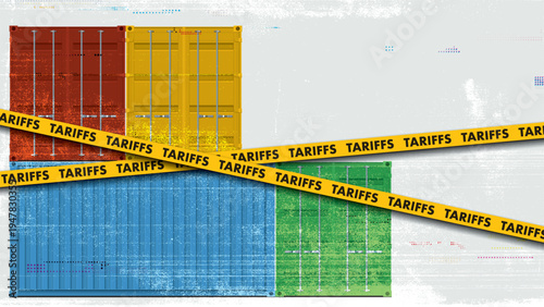 Colorful shipping containers stacked with ink stains  and fade condition from copy machine defect printing blocked by tariffs symbolized warning tape have blank space.