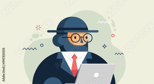 Stylized businessman with hat, glasses, and tie working on a laptop