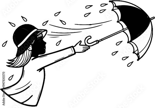 Person struggling with umbrella in windy rain