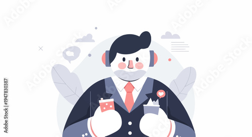 Stylized businessman with headphones holds two drinks, one with a heart icon
